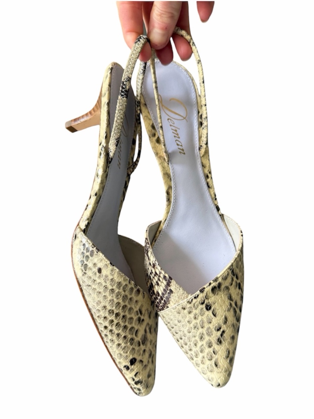 Delman Women's Ivory Snake-Print Python Slingback kitten heel Pumps 7.5 NWOT